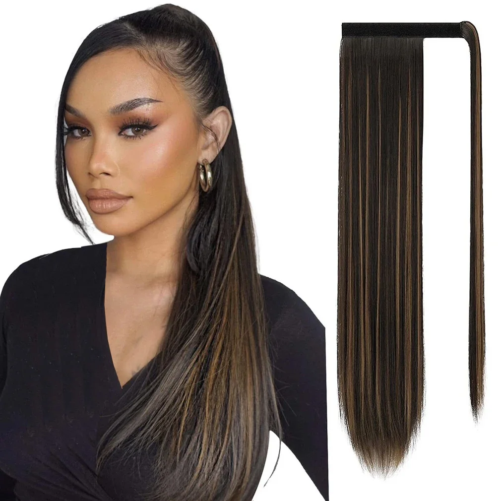 Clip In Ponytail Hair Extension 24 Inch Long Straight Synthetic Heat Resistant Hair Wrap Around Pony Piece For Women