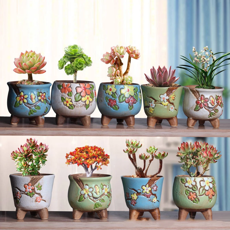 

New Korean Simple Fleshy Flower Pot Ceramic Hand-painted Fresh Thumb Pot Coarse Pottery Permeable Pot Peach Egg Flesh Flower