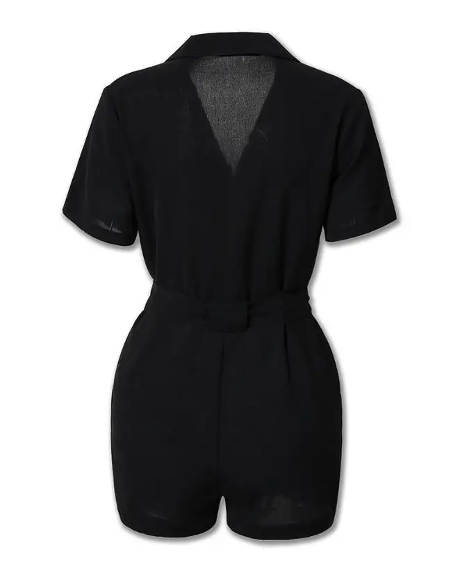 Women's Playsuit 2024 Summer Fashion Zipper Design Turn-Down Collar Short Sleeve Tie Details High Waist Pocket Romper Street