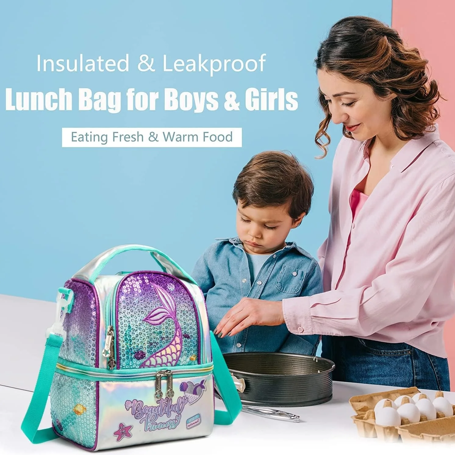 Lunch Bag for Kids Insulated Bag with Adjustable Strap High Capacity Lunchbox School Child Girls Mermaid Sequins Bento Bag 6