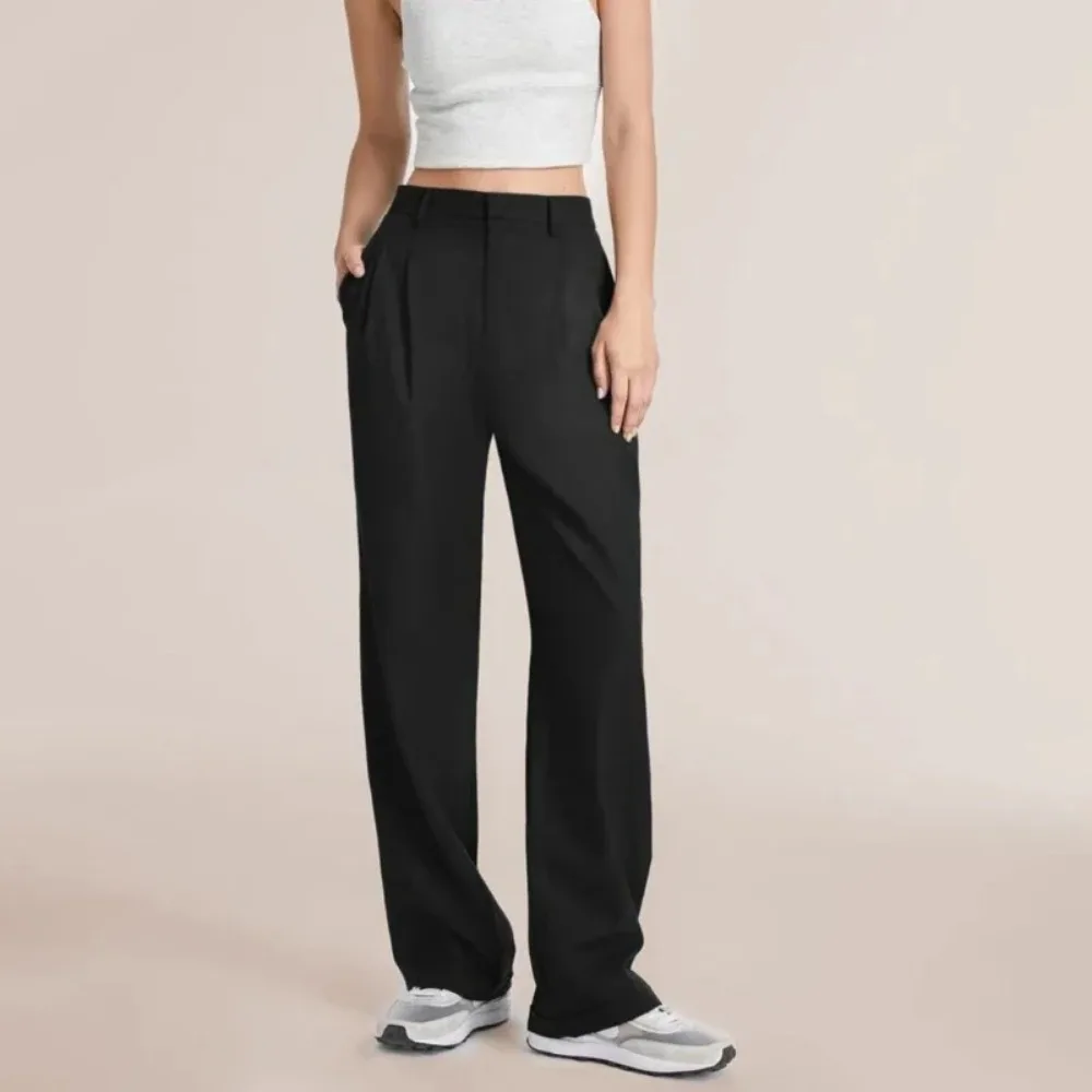 New Loose Women Wide Leg Pants Real Pocket Office Lady Trousers Casual Suit Pants Korean Fashion Tailored Wide Leg Pants 2024