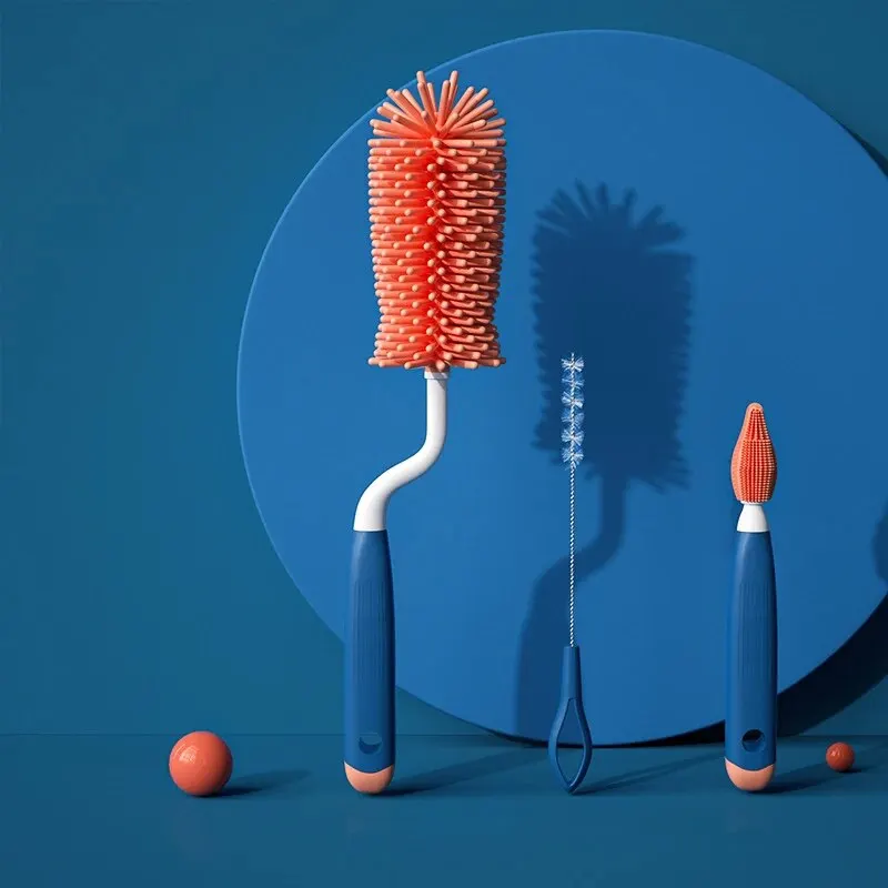 3-Piece Silicone Bottle Brush 360° Rotating Baby Nipple Brush Washing Cup Brush Bottle Cleaning Brush Set