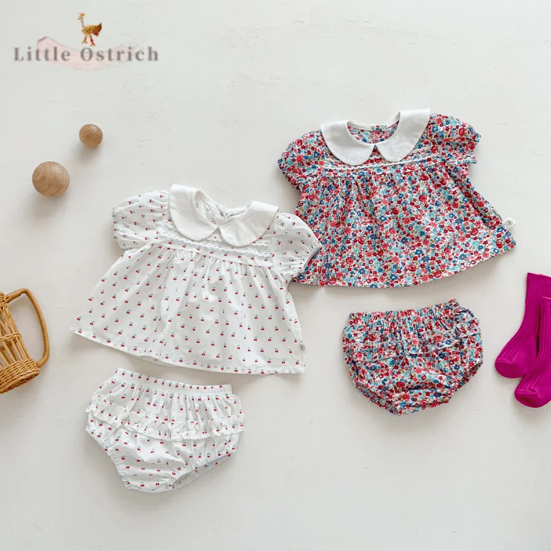 

Newborn Baby Girl Cotton Clothes Set Dress+Shorts Child Short Sleeve Clothing Suit Peter Pan Collar Pullover Baby Clothes 3-18M