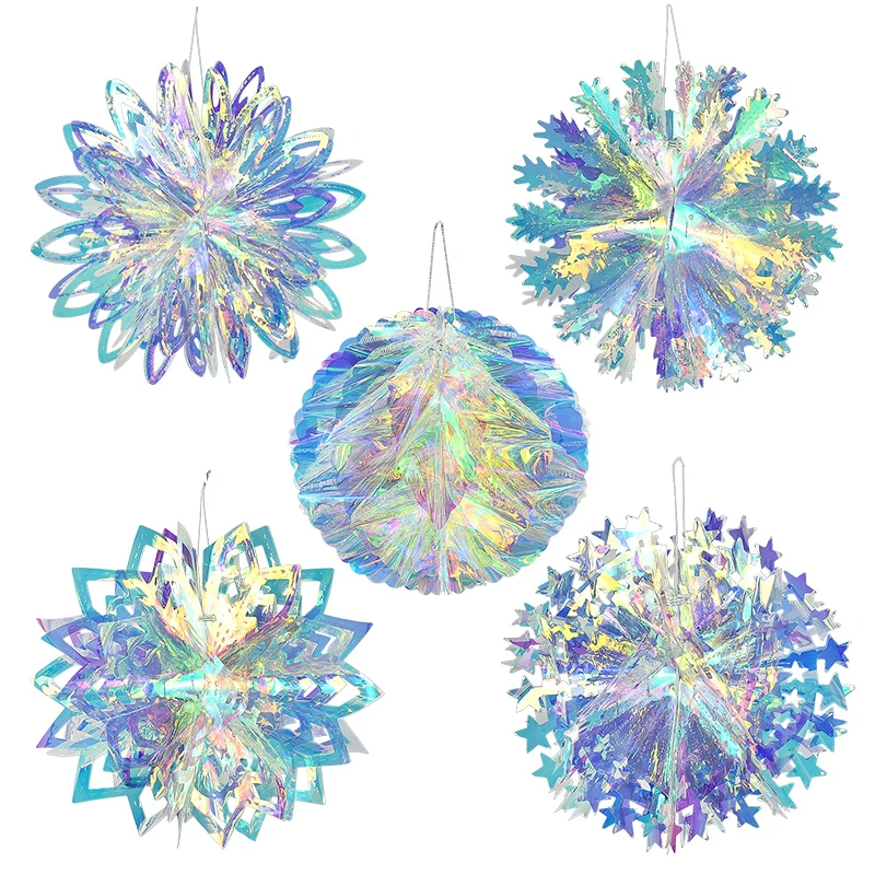 Rainbow Film Colorful Christmas Pendant Snowflake Honeycomb Xmas Tree Hanging Ornament Christmas Decor for Home New Year Navidad