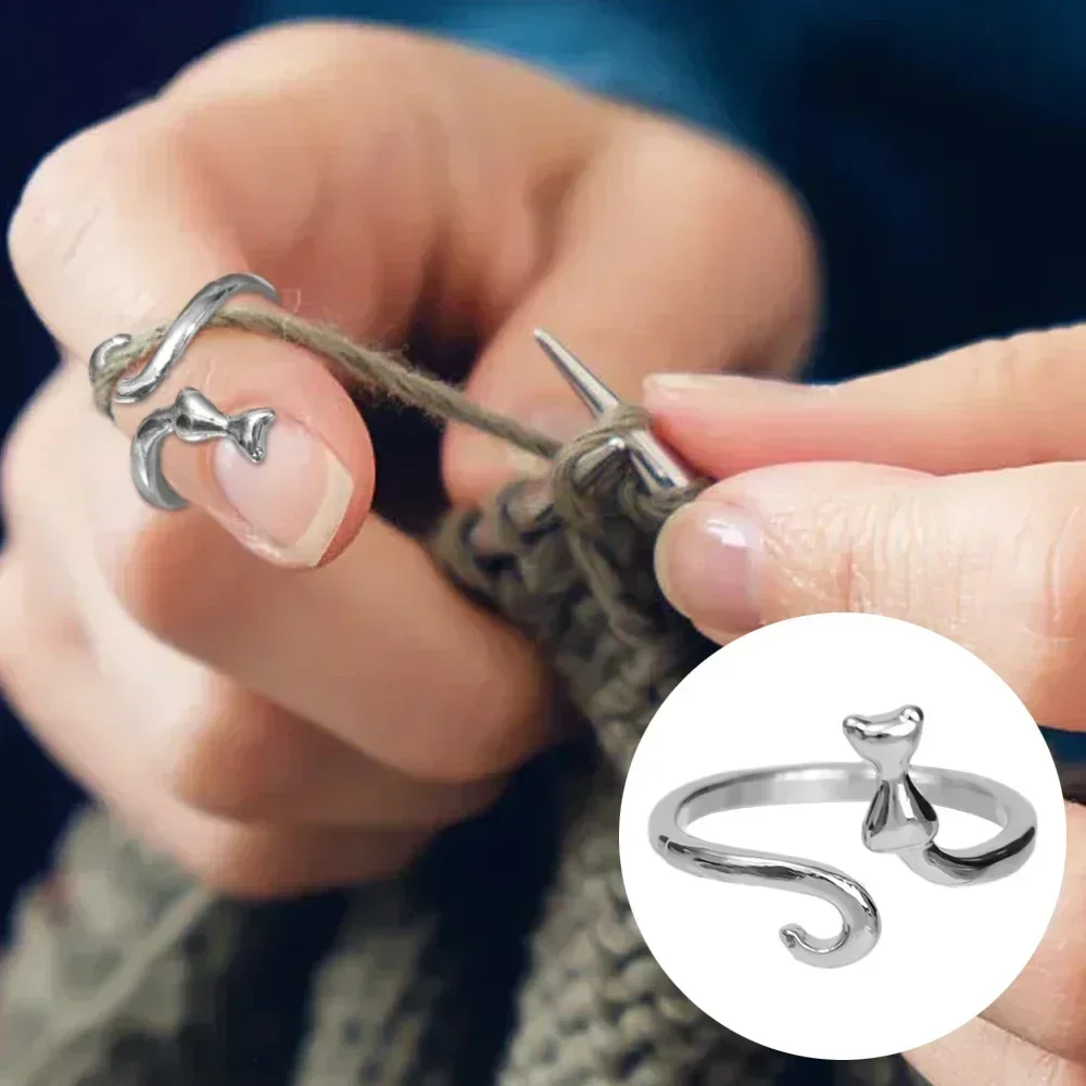 4 Anelli Per Uncinetto A Forma Di Gatto - Regolabili, In Lega, Per Lavoro A Maglia