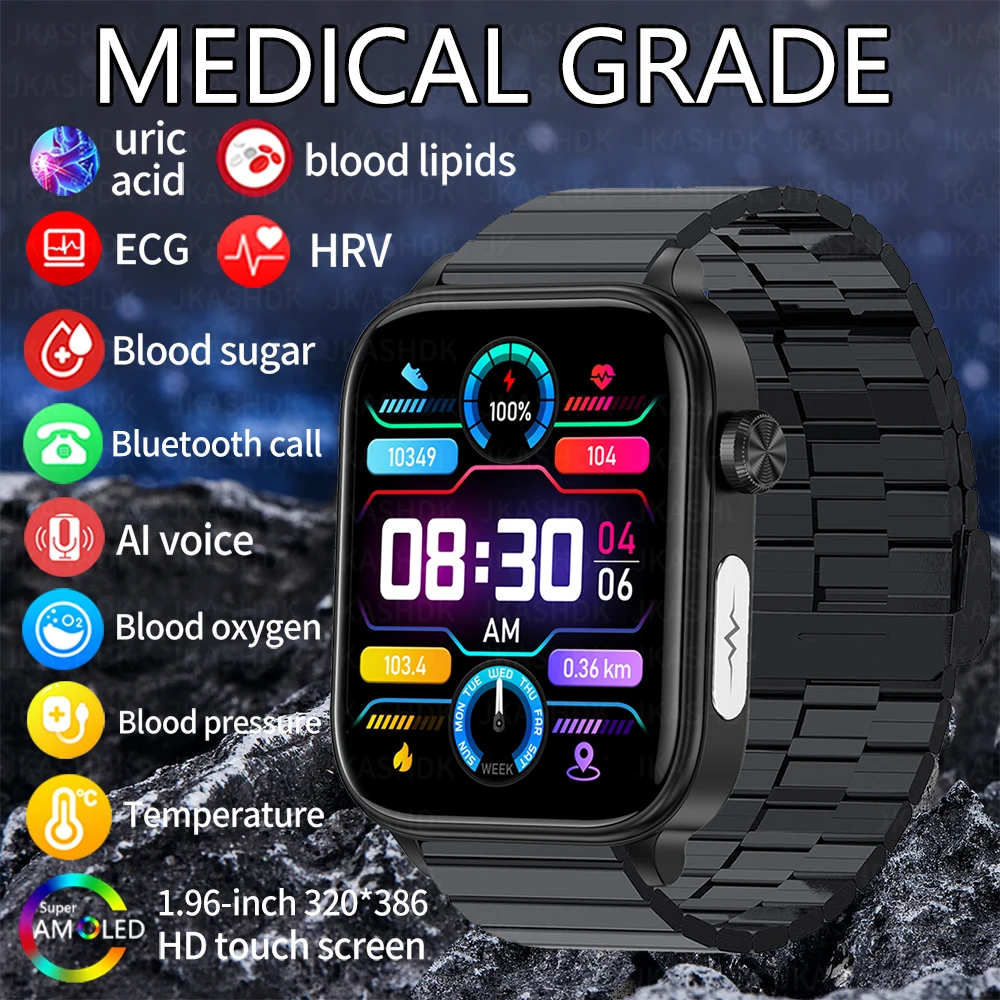 2024New Ecg Acido Urico Smart Watch Men Full Touch Screen Blood Sugar Blood Lipid Bluetooth Call Heart Rate Smartwatch Sport Clock