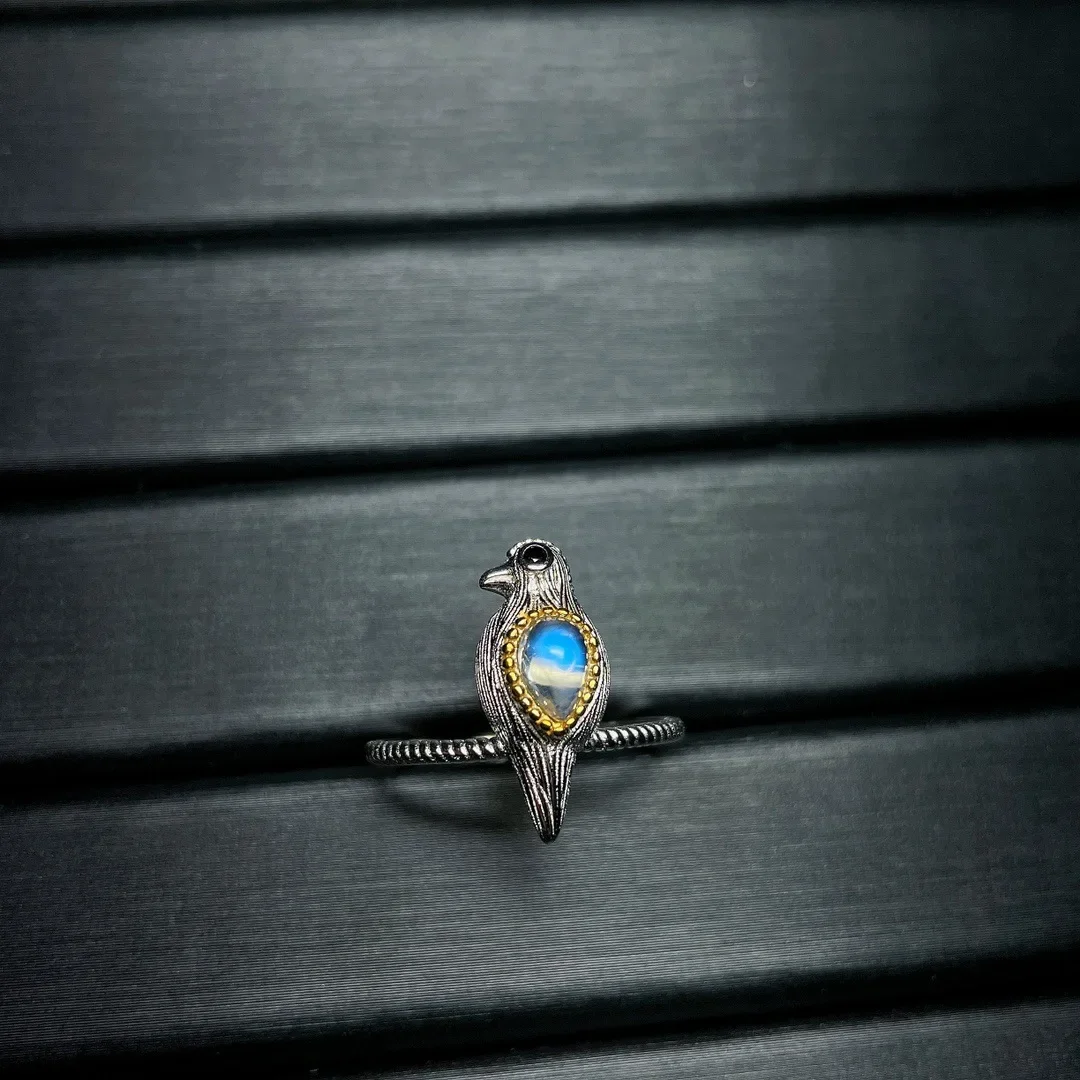 2023 Nuovo Anello In Argento Sterling S925 Puro Naturale Indiano Moonlight Stone Bird Live Design Senza Pietra Principale Ottimizzata