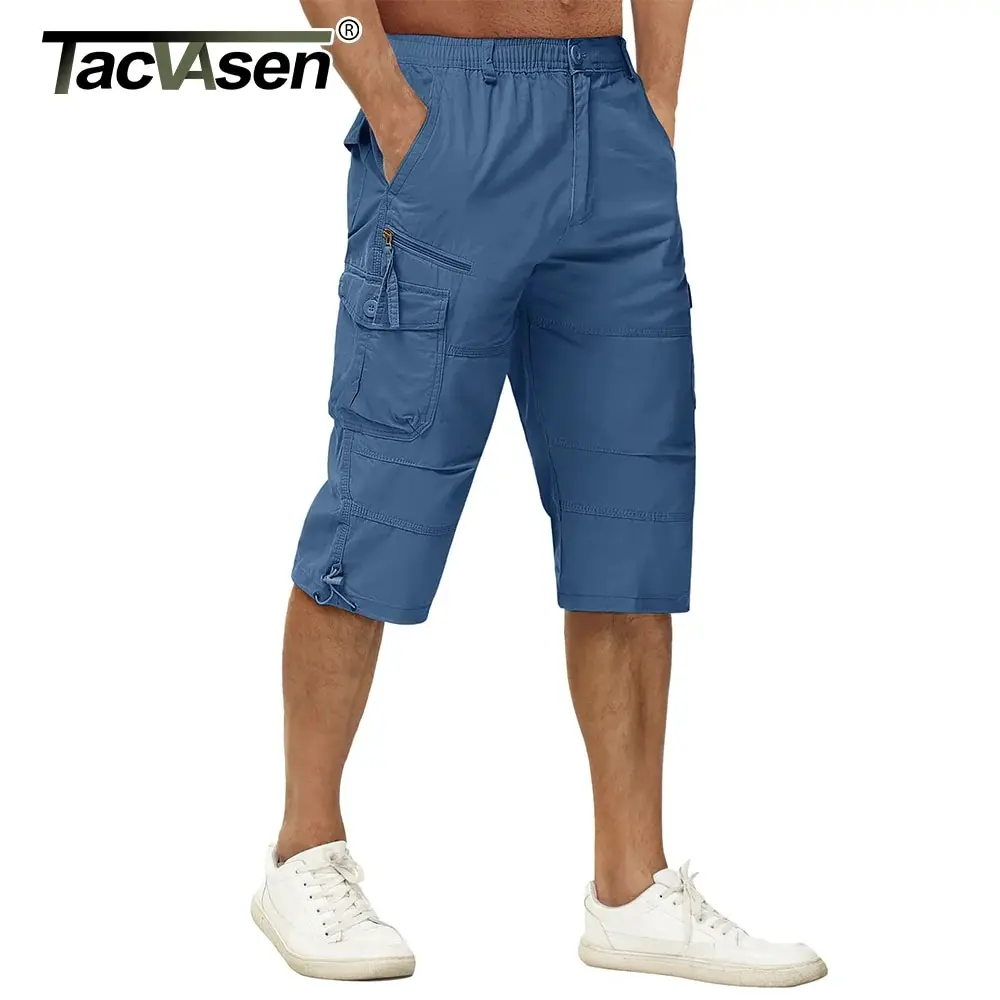 TACVASENCottonCargoShortsMens34KneeLengthWorkShortsCapriMultiPocketSummer.png