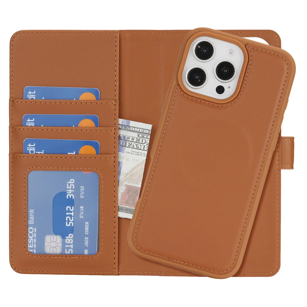 Luxury 2-in-1 Detachable MagSafe Wallet Case with Wireless Charging and Magnetic Flip Cover