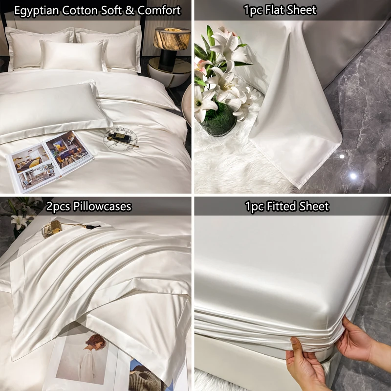 4/6Pcs Egyptian Cotton Bed Sheet Set, Luxury 800TC Fitted Sheet & Bed Sheet & Pillowcase, High End Bedding Sets, Solid Color 2