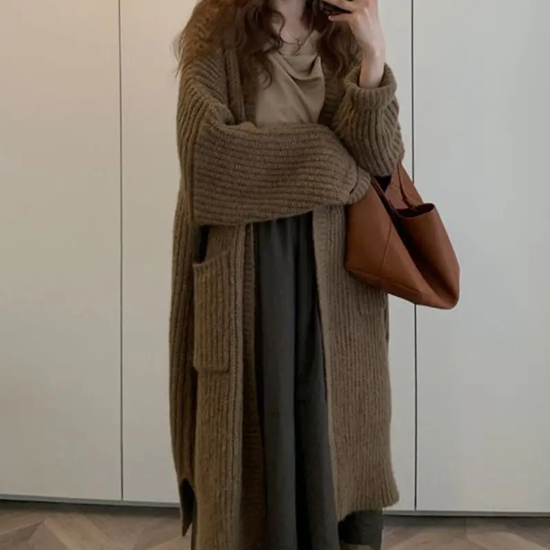 

Long Sweaters Korean Elegant Vintage Knit Cardigan Winter Warm Knitwear Coats Casual Loose Outerwear Mujer Long Bat Sleeve Tops