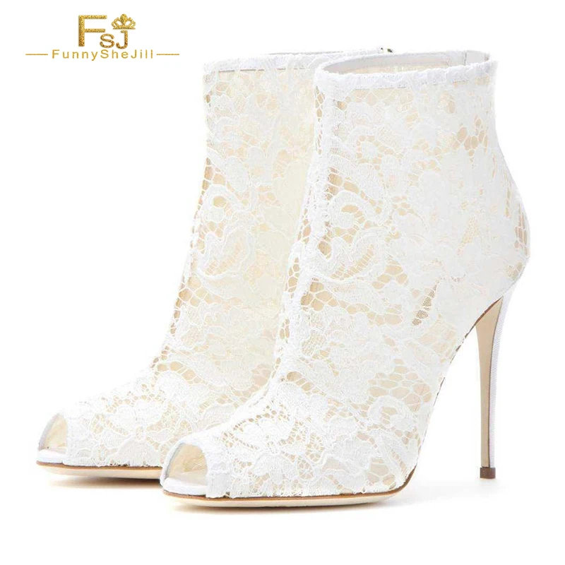 

White Lace Fishbill Booties Women'S Back Zip Stiletto Heels