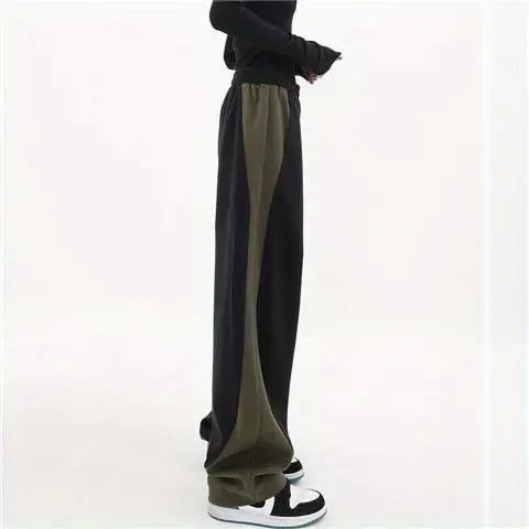 Spring Autumn Contrast Color Fashion Elastic Waist Wide Leg Trousers Women High Street Casual Loose Harajuku High Waist Pants