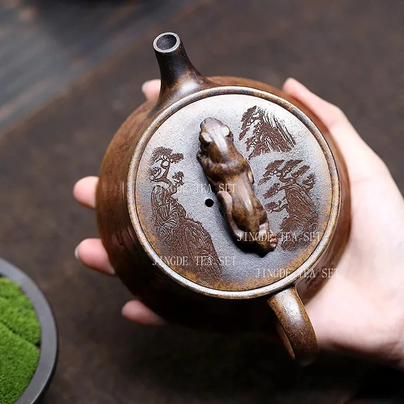 220ml Chinese Yixing Handmade Purple Clay Teapot Creative Household Tea Pot Hand-carved Dragon Tiger Kettle Zisha Tea Set Gifts