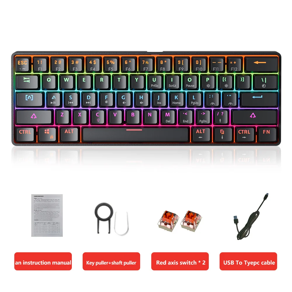 Mini Mechanical Keyboard 61Key Esports Wired USB Hot swappable RGB Light Effect Red Axis Compact Practical