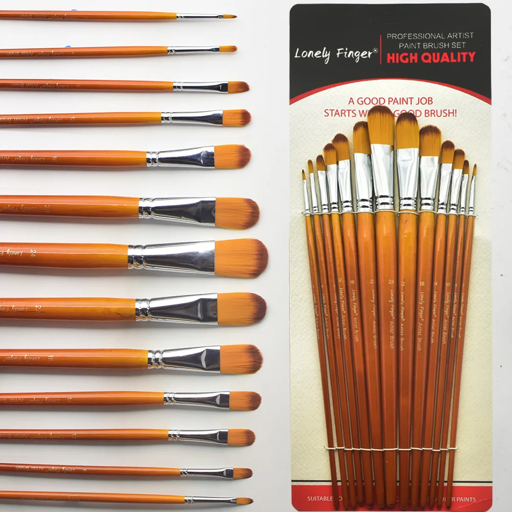 Professional 13-Piece Watercolor Paintbrush Set with Long Wooden Handles and Soft Nylon Bristles