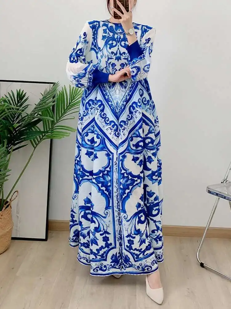 LANMREM Pleated Print Dress Women's O-neck Lantern Sleeves Color Contrast Elegant Long Dresses 2025 Spring New Clothing 2Z2990 - Image 4
