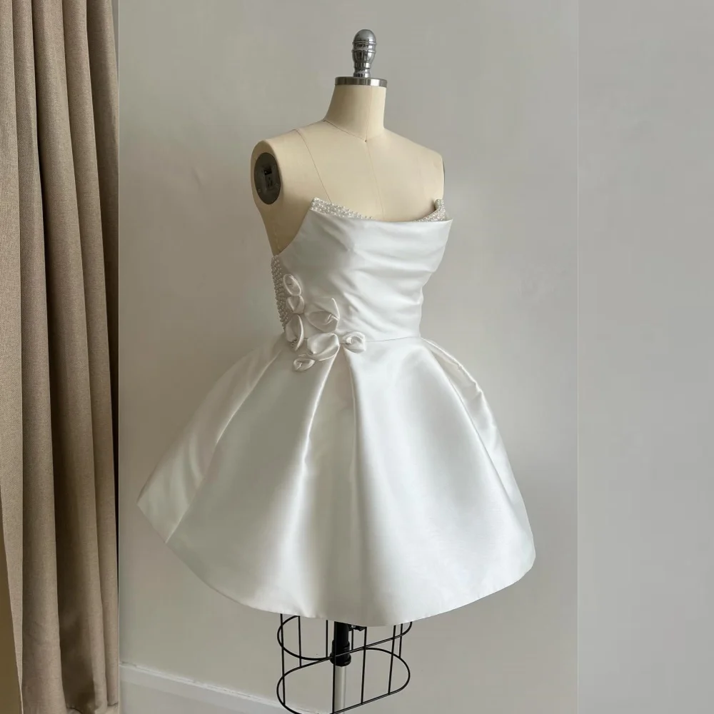 Satin Pearl Draped Pleat Party A-line Strapless Bespoke Occasion Gown Short Dresses Saudi Arabia Evening