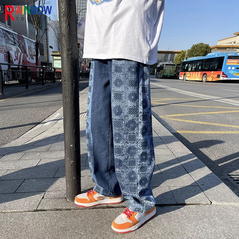 Rainbowtouches Bandana Paisley Pants Mens High Street Color Matching Full Print Straight Hip Hop Retro Legged Casual Pant Unisex