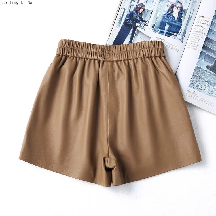 2023 Women Genuine Sheepskin Leather  Shorts Elastic Waist Slim Wide Leg Shorts S9