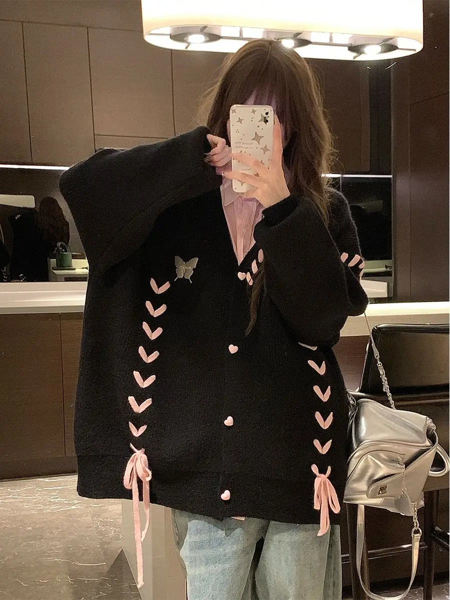 Preppy V-neck Cardigan Sweaters for Women Sweet Lace-up Kawaii Schoolgirls Long-sleeved Knitwear Coat Ins Autumn Korean Version
