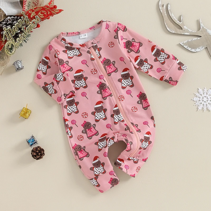 

Infant Baby Girl Boy Christmas Outfits Long Sleeve Crewneck Romper Gingerbread Zipper Jumpsuit Clothes