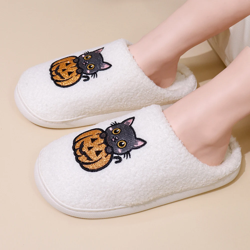 Halloween Plush Slippers Warm Slip-on House Shoes Anti Slip Fluffy Home Slippers Furry Pumpkin Cat Slipper for Indoor Bedroom