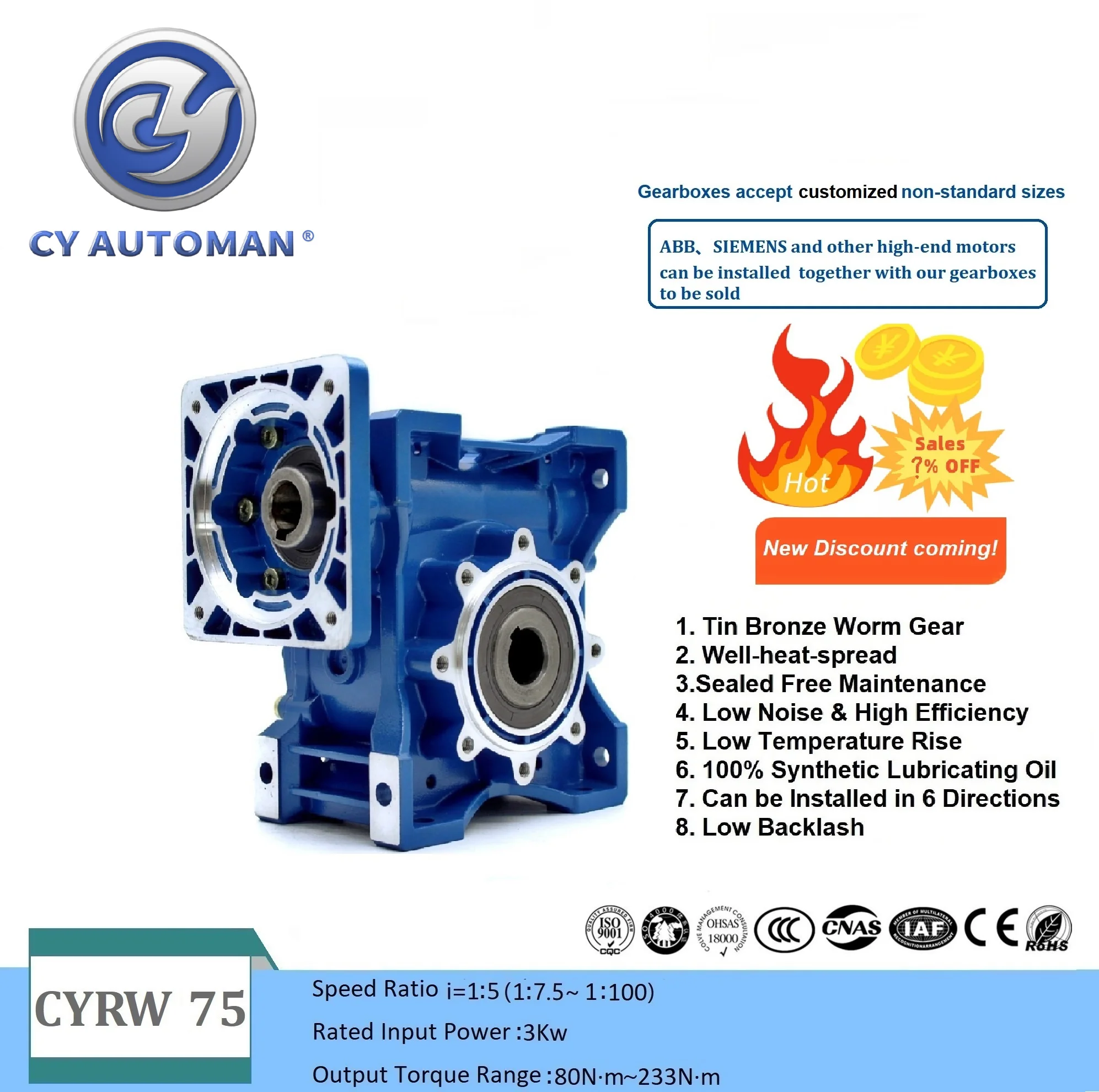 

CYAutoman High Torque Worm Gearbox Speed Reducer NMRW75 RW75 Input 19/22/14/24/28mm Ratio 5:1/100:1 Tin bronze for CNC