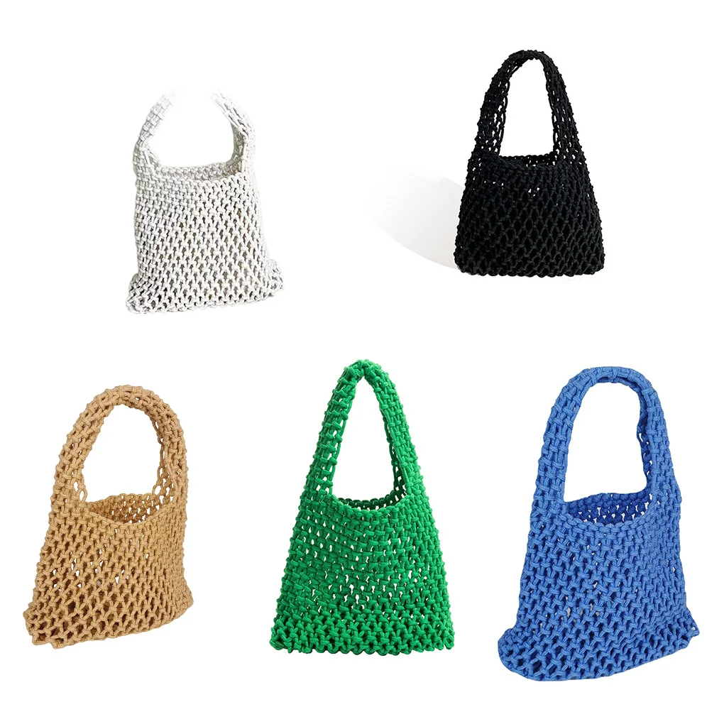 

Women Woven Bucket Bag Mesh Hollow Bags Handbag Summer Picnic Blue