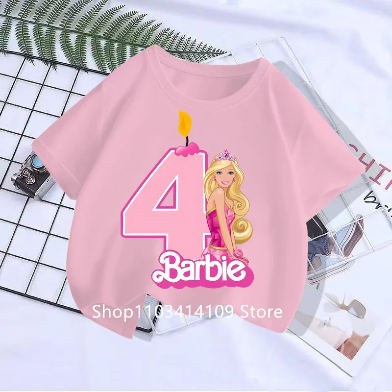 2024 Kawaii Barbie Children Short Sleeves Anime Cartoon Girls Boys Round Neck T-Shirt birthday gift Y2K Kids Clothes Streetwear 6