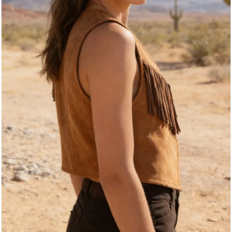 프린지 스카프 모자가 포함된 어린이용 웨스턴 조끼 축제 의상 역할극 의상