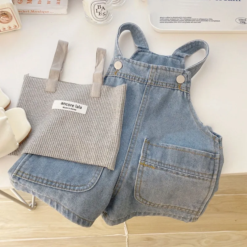 

2024 Spring/Summer New Girls' Denim Korean Version With Backstrap Pants And Tank Top Two Piece Set