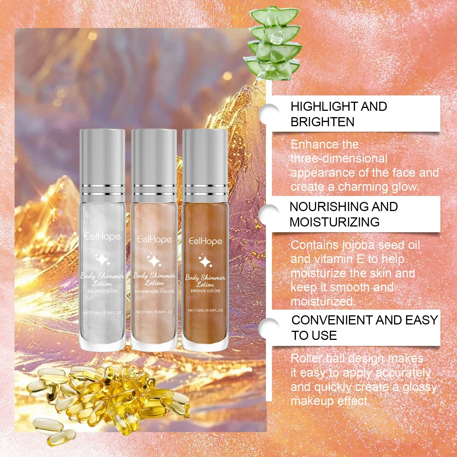 Eelhope Facial Highlighter Stick Set Party Ball Performance Makeup Roller Ball Liquid Fluorescent Highlighter Oil Body Glitter 3