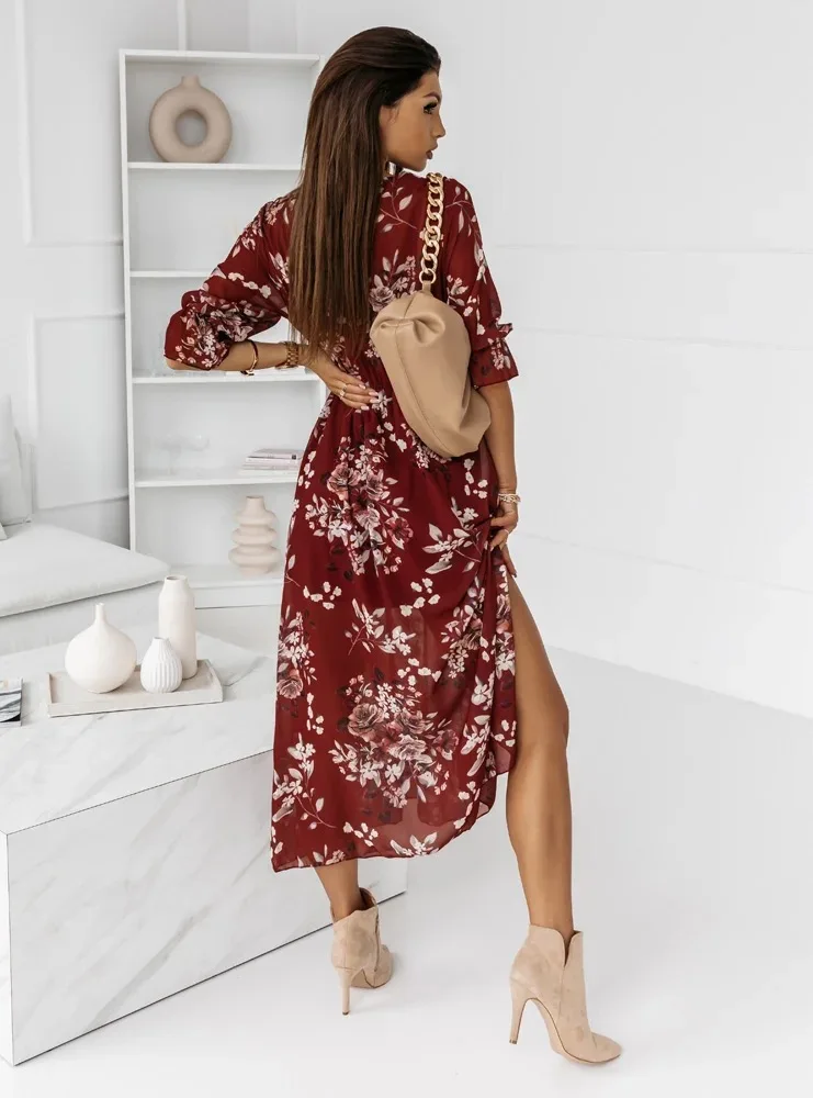 Women Dresses Sexy V Neck Retro Print Chiffon Maxi Dress Fashion Elastic Waist Side Splits Robe Elegant Long Sleeve Loose Dress