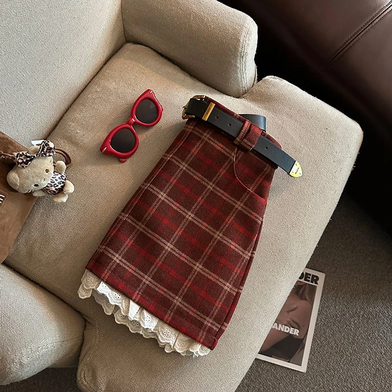 Lace Patchwork Plaid Mini Skirts Women Fall Winter High Waist No Belt Faux Wool Skirts Y2K Fashion Preppy All Match A Line Skirt