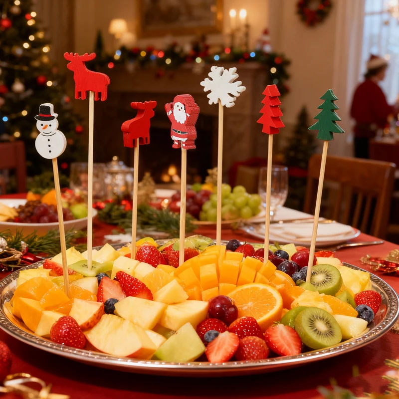 100Pcs Christmas Buffet Fruit Food Skewer Bamboo Toothpicks Christmas Party Cupcake Topper Decoration Supplies New Year 2026