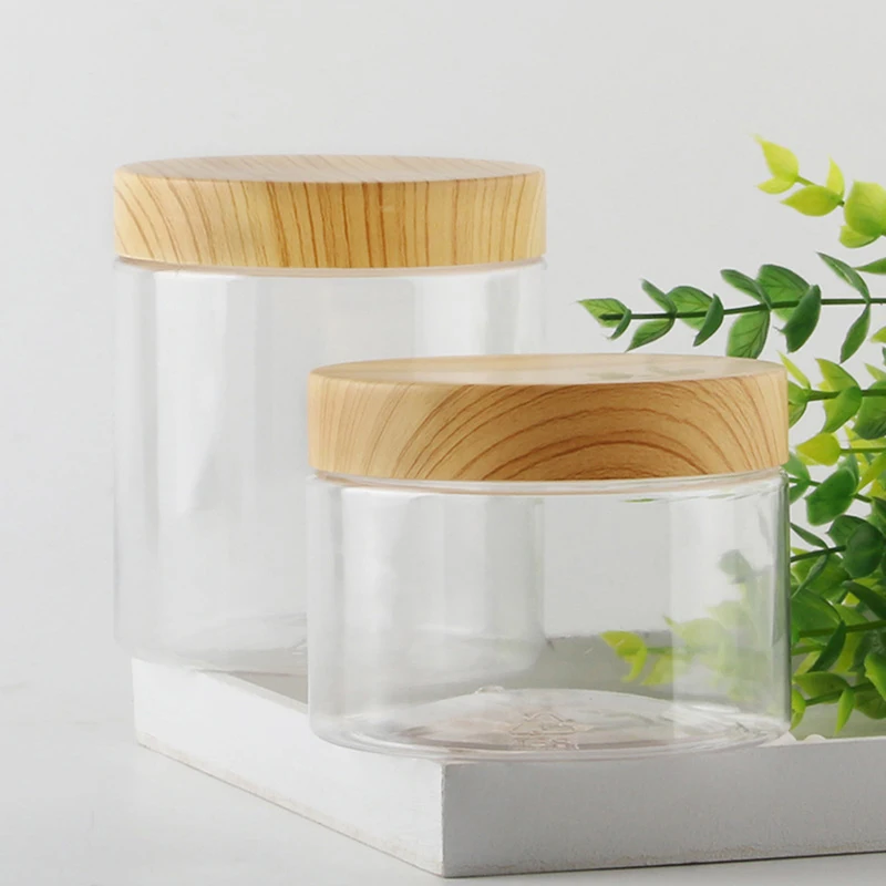 Empty Clear Jar Container With Plastic Imitation Wood Lid Plastic Storage Bottle plastic food containers