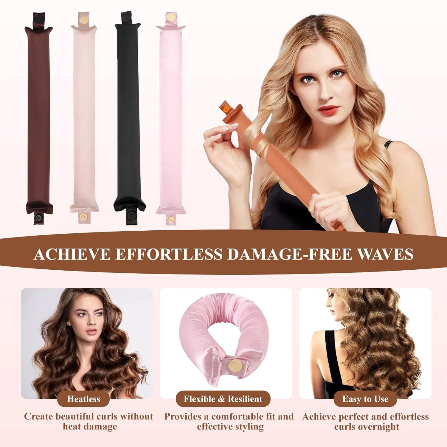 Heatless Curls Overnight Blowout Rods-6 Pcs No-Heat Hair Curler Set, Hair Rollers for Long with Bonnet for Sleeping