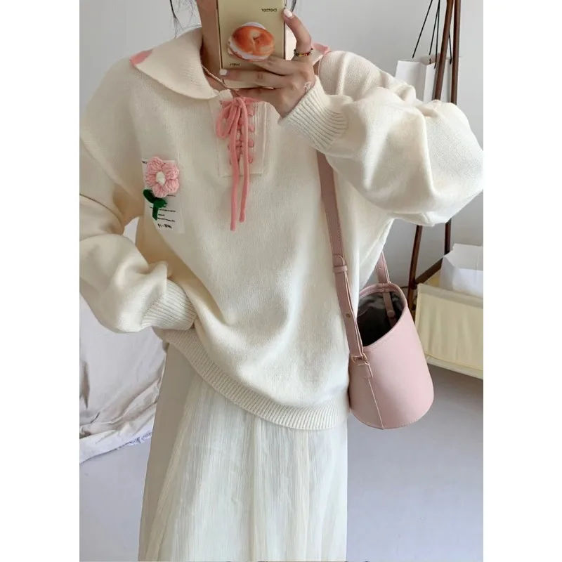 

Tie-on knitted tops in autumn and winter Japanese explosions Joker loose polo neck sweater female tide