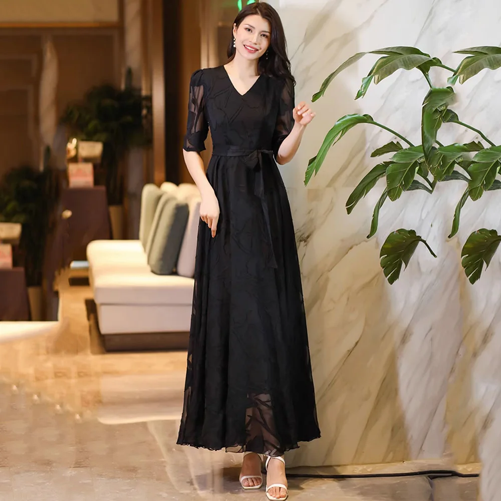 

Women Black Jacquard Lace-up Long Dress Summer New Fashion V-Neck Slim Pullover Dress Elegant Flowing Overlength Chiffon Dress