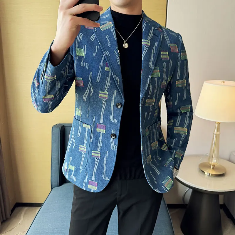 Autumn Men's Suit Jacket Blazer Fashionable High-end Luxury Jacquard Denim Casual Suit Business Social Tailcoat 4XL-M