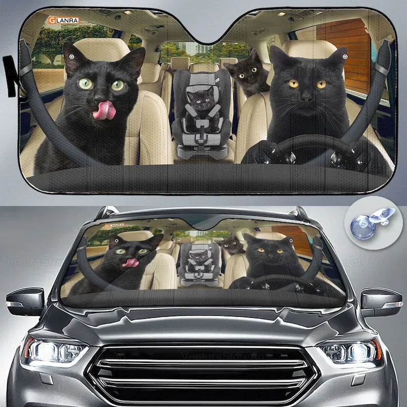 

Black Cat Car Sunshade, Black Cat Gift, Black Cat Car Decoration, Cat Seat Cover, Gift For Dad, Auto Sun Shade