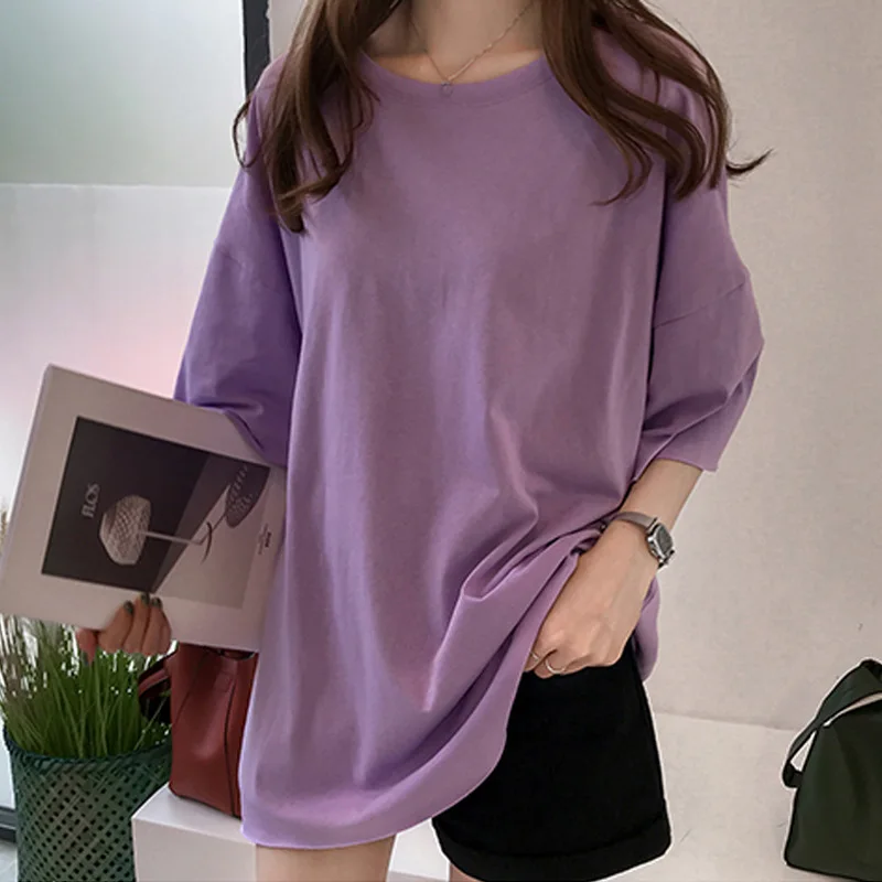 

2021 Summer Oversize T shirt Women Candy Color O Neck Short Sleeve Elastic Basic Long T-shirt Loose Streetwear T-shirts Tee Tops
