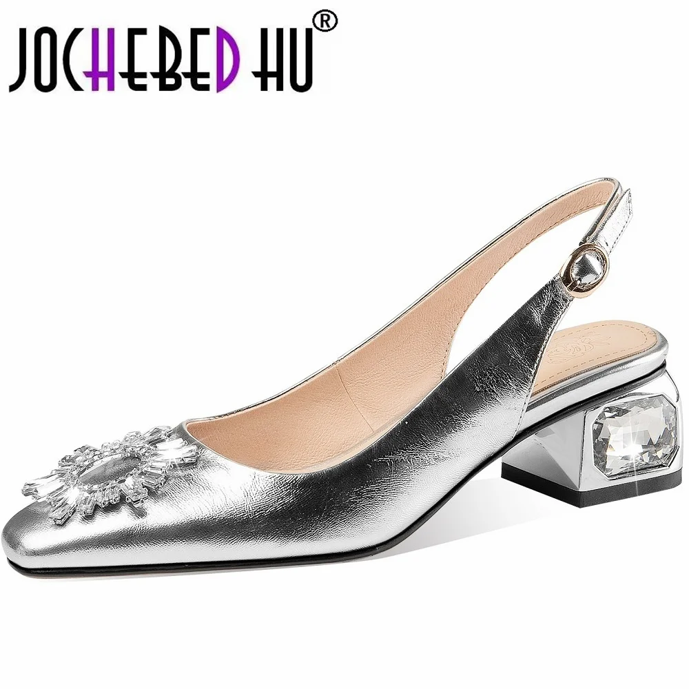 Spring summer women pumps concise fashion square toe low heels genuine leather slingbacks sandals shoes 34-41