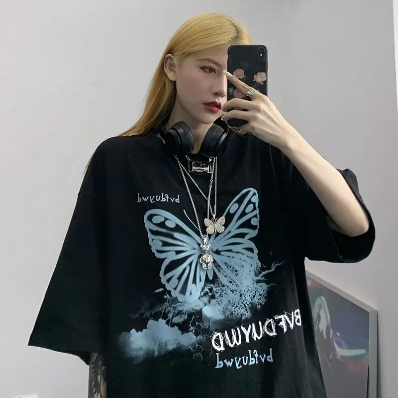 

Summer Black O-neck Lady Clothes The Blue Butterfly T-shirts for Woman 2022 New Hip Hop Short Sleeve Polyester Tees K-pop Female