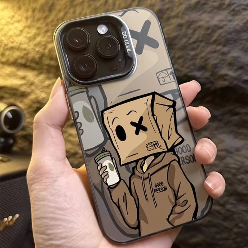 Cartoon Box Man Pattern Plating Phone Case for iPhone 15 14 13 12 11 Pro Max XS X XR 7 8 Plus SE2 14Plus Shockproof Matte Cover