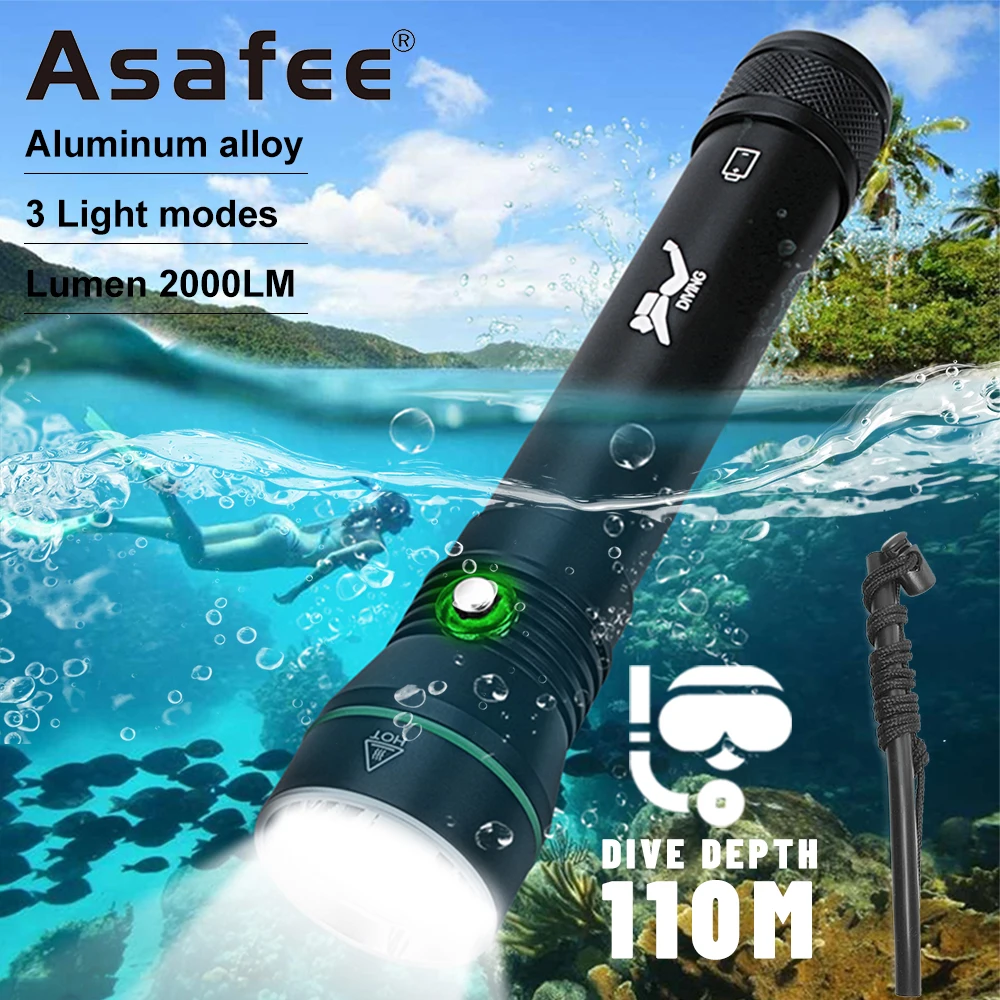 

Asafee S4 110M Underwater Diving Flashlight P50 LED 2000LM SOS Waterprood Torch Press Switch Scuba Lamp Outdoor Exploration