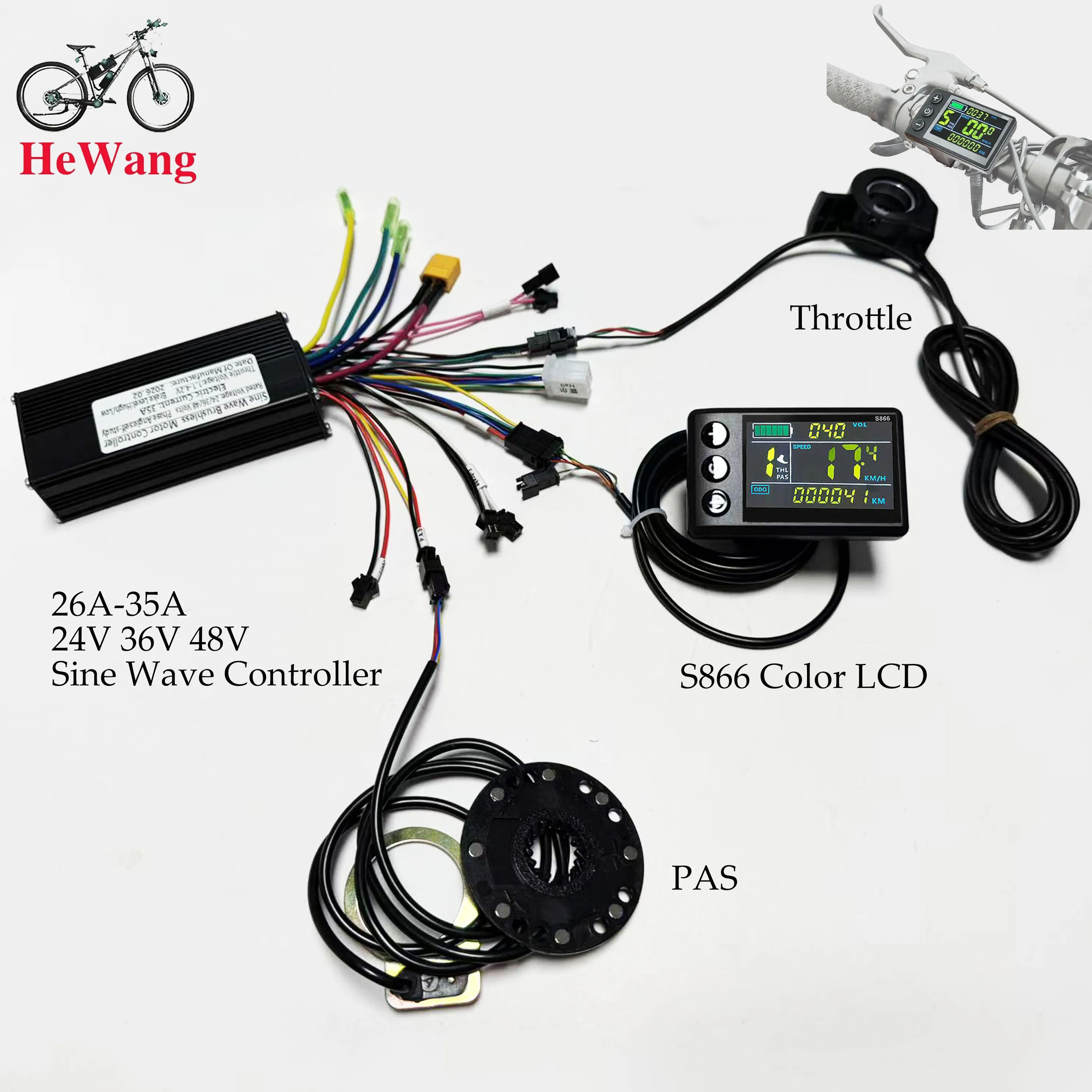 24V 36V 48V 750W 1000W 26A-35A E-bike Brushless Motor Controller with S866 LCD Display Throttle PAS for E-Mountain Bike Scooter