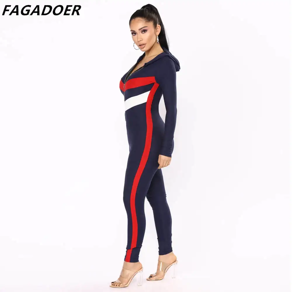 FAGADOER Fashion Women Color Patchwork Hooded Jumpsuits Female Zipper Long Sleeve Bodycon Rompers Fall Lady Sport Playsuits 2022