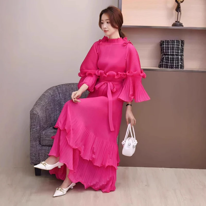 LANMREM Niche Ruffled Design Pleated Women's Dress 2025 New Temperament Patchwork Flare Sleeve Bandage Waist Dresses 2DB3777 - Image 6